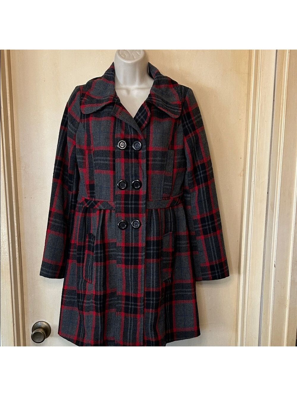 Moon Collection Red and Black Plaid Pea Coat size S
